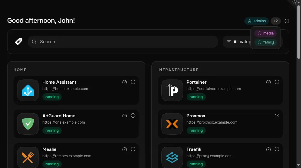 Dashmark dashboard showing an authenticated user’s access-group badges and expanded group list.