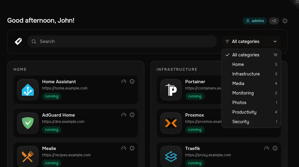 Dashmark’s category filter menu, alongside the service-card dashboard.