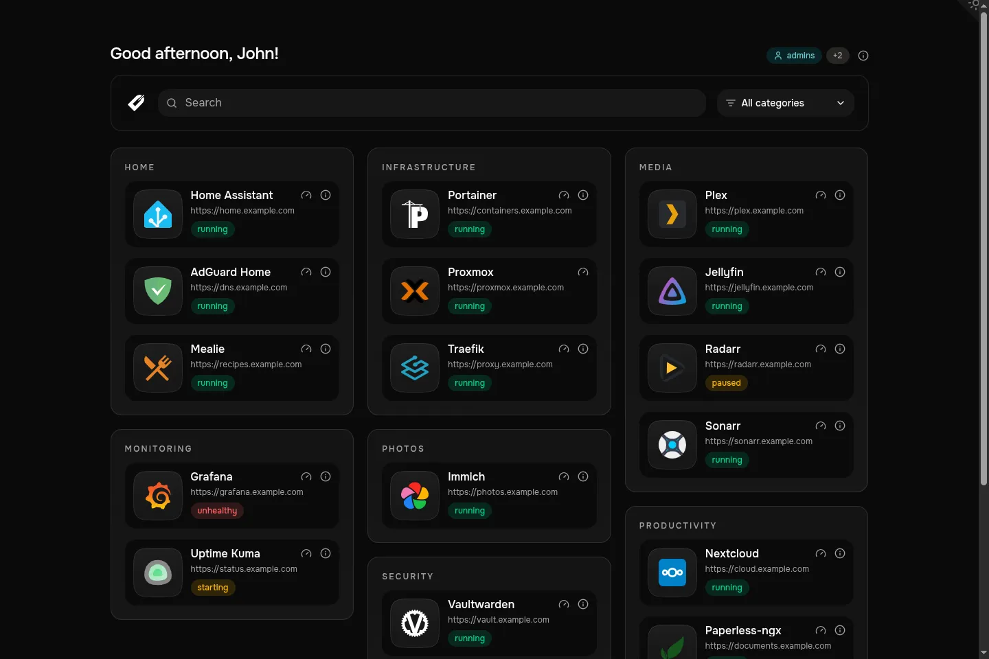 Dashmark dashboard with service cards, categories, status badges, search, and group tags.