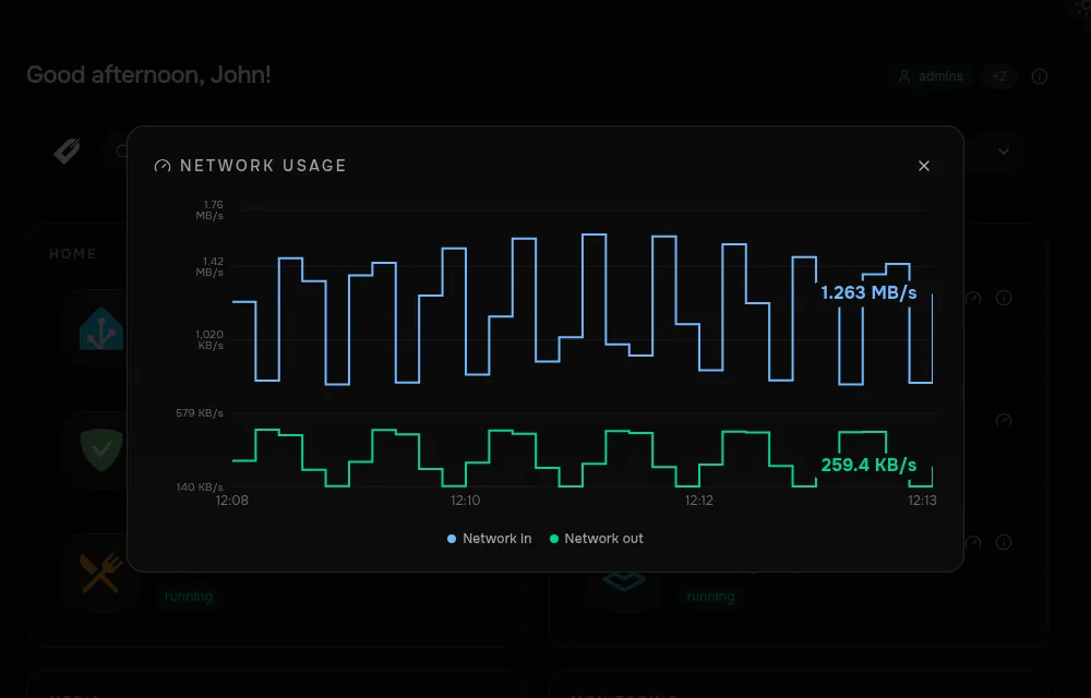 Dashmark’s full network-usage chart showing inbound and outbound traffic over time.